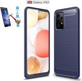 Samsung Galaxy A52 4G 5G Carbone Brushed Tpu Blauw Cover Case Hoesje - 1 x Tempered Glass Screenprotector CTBL