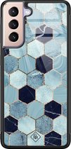 Samsung S21 hoesje glass - Blue cubes | Samsung Galaxy S21  case | Hardcase backcover zwart