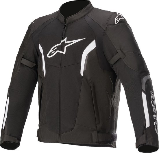 Zwarte motorjas met witte Alpinestars logo's op de borst en mouwen. Zilveren accenten op de zijkanten.