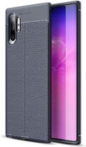Samsung Note 10 Plus Hoesje Shock Proof Siliconen Hoes Case | Back Cover TPU met Leren Textuur - Blauw