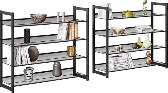 Étagère à chaussures à 8 niveaux, lot de 2 organisateurs de chaussures empilables à 4 niveaux, rangement à chaussures en métal, avec étagères grillagées réglables, montage plat ou en angle, noir-LMR08B