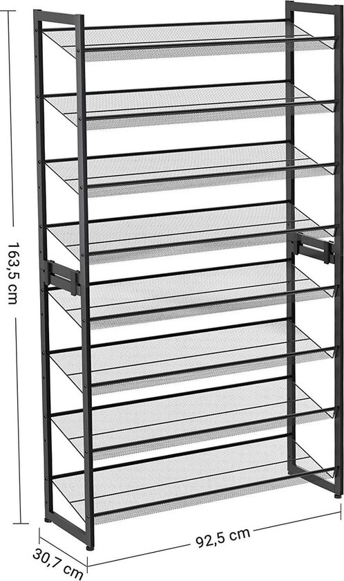 Étagère à chaussures à 8 niveaux, lot de 2 organisateurs de chaussures empilables à 4 niveaux, rangement à chaussures en métal, avec étagères grillagées réglables, montage plat ou en angle, noir-LMR08B