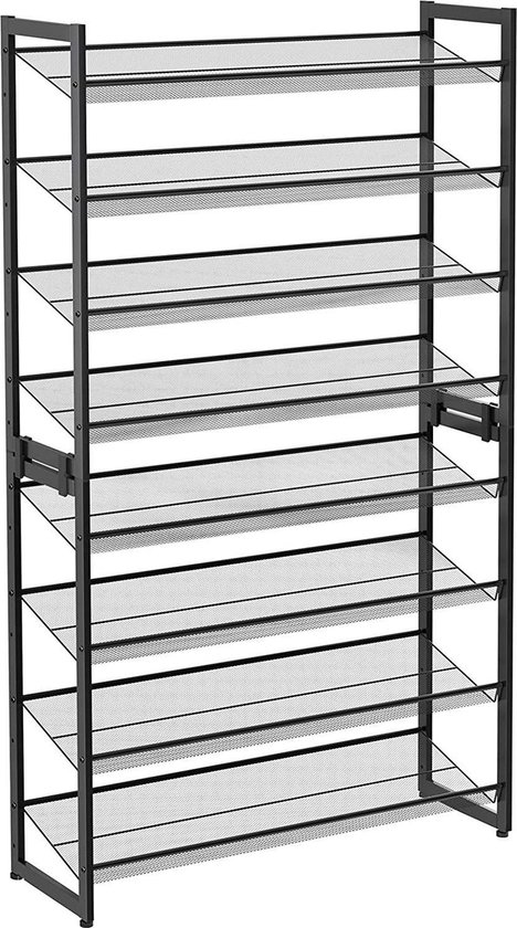 Étagère à chaussures à 8 niveaux, lot de 2 organisateurs de chaussures empilables à 4 niveaux, rangement à chaussures en métal, avec étagères grillagées réglables, montage plat ou en angle, noir-LMR08B