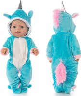 Dolldreams - Eenhoorn Onesie met slofjes - kleding voor poppen tot een lengte van 43CM - Blauw - geschikt voor baby born