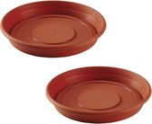 Set van 2x stuks bloempot/plantenpot terra cotta kleur onderschaal/opvangbord kunststof diameter 30 cm. Voor een pot met diameter 35 cm