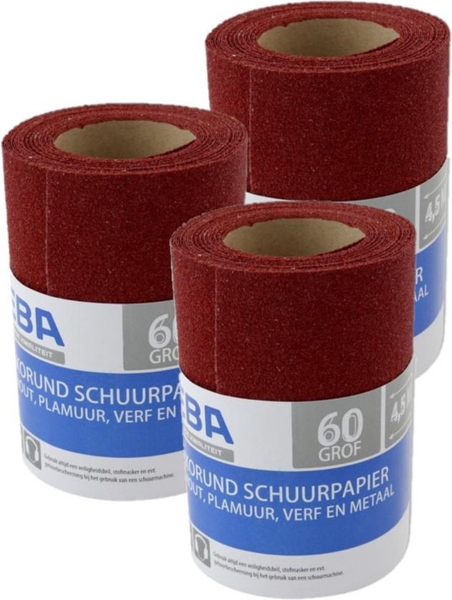 3x rollen Schuurpapier - Grof - P60 - 110mm x 4,5 meter - Korrelgrofte 60 - Verf/klus materiaal benodigdheden