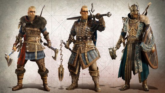 Drie Viking-personages met wapens en pantser.