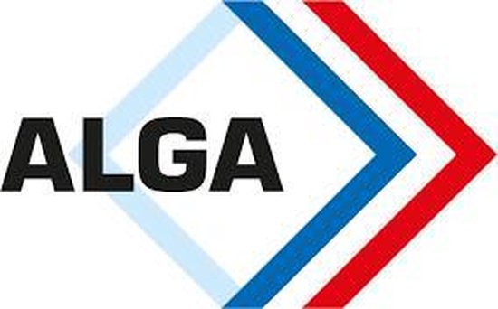 Logo van het merk Alga met zwarte tekst 'ALGA' naast een ruitvormig icoon in blauwe en rode lijnen.