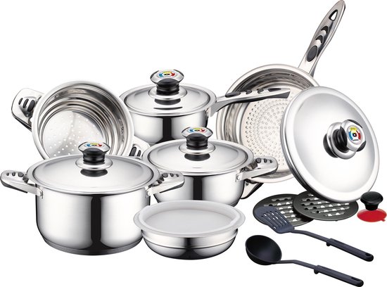 Pannenset van roestvrij staal, groot kookgerei, inductiekookpannenset, pannen met glazen deksel en steelpan, 12-delig, pannenset geschikt voor alle warmtebronnen (lichtgrijs S