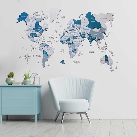 Wereldkaart en bois 3D - Aqua - L (150 x 90 cm)