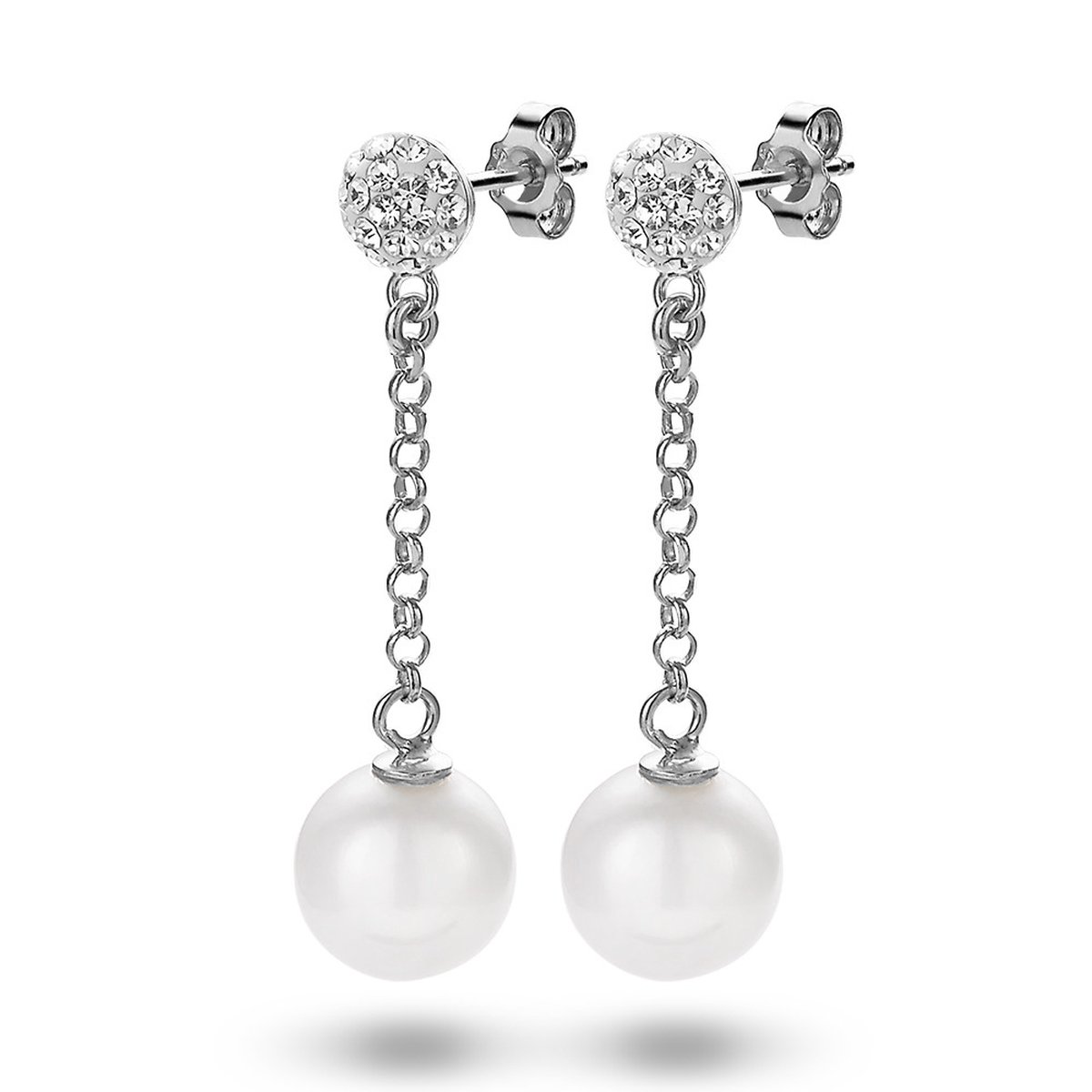 Twice As Nice Oorbellen in zilver, hangende parel en rondje met witte kristallen  Wit