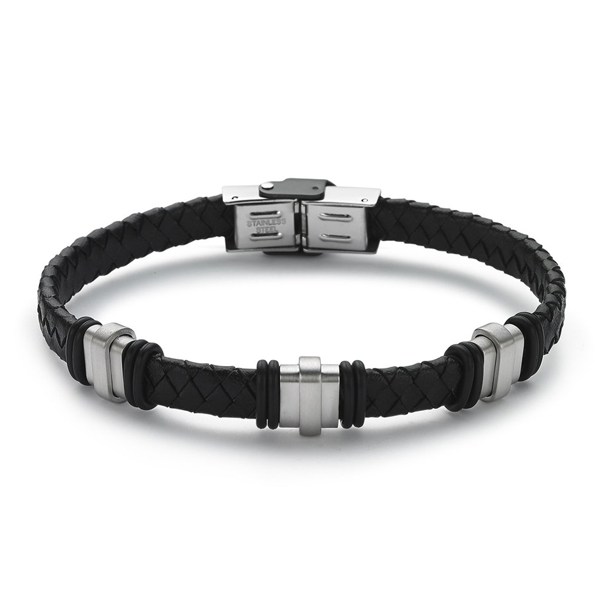 Twice As Nice armband in zwart leder en edelstaal Zwart 21cm