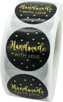 Stickers "Handmade with love" - Bedrijfs stickers - Hobby Stickers - 500 stuks op rol - 25mm  - Zwart/Goud