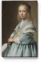 Schilderij - Portret van een meisje in het blauw - Johannes Cornelisz. Verspronck - 19,5 x 30 cm - Niet van echt te onderscheiden handgelakt schilderijtje op hout - Mooier dan een print op canvas.