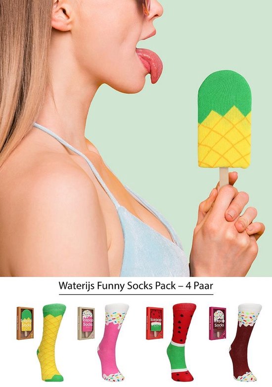 OHNO Cadeau Artikelen Funny 4-Pack Waterijs Sokken - Multipack Sokken - Multicolor, Cadeauverpakking