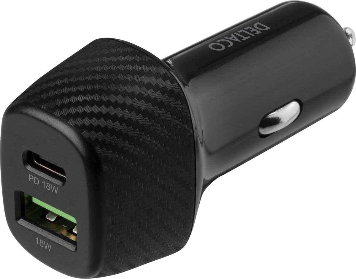 Deltaco USBC-CAR120 Autolader USB en USB-C poort - Snelladen - 36W - Zwart