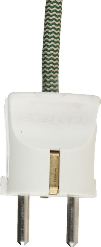Witte stekker met groene en witte zigzagkabel.