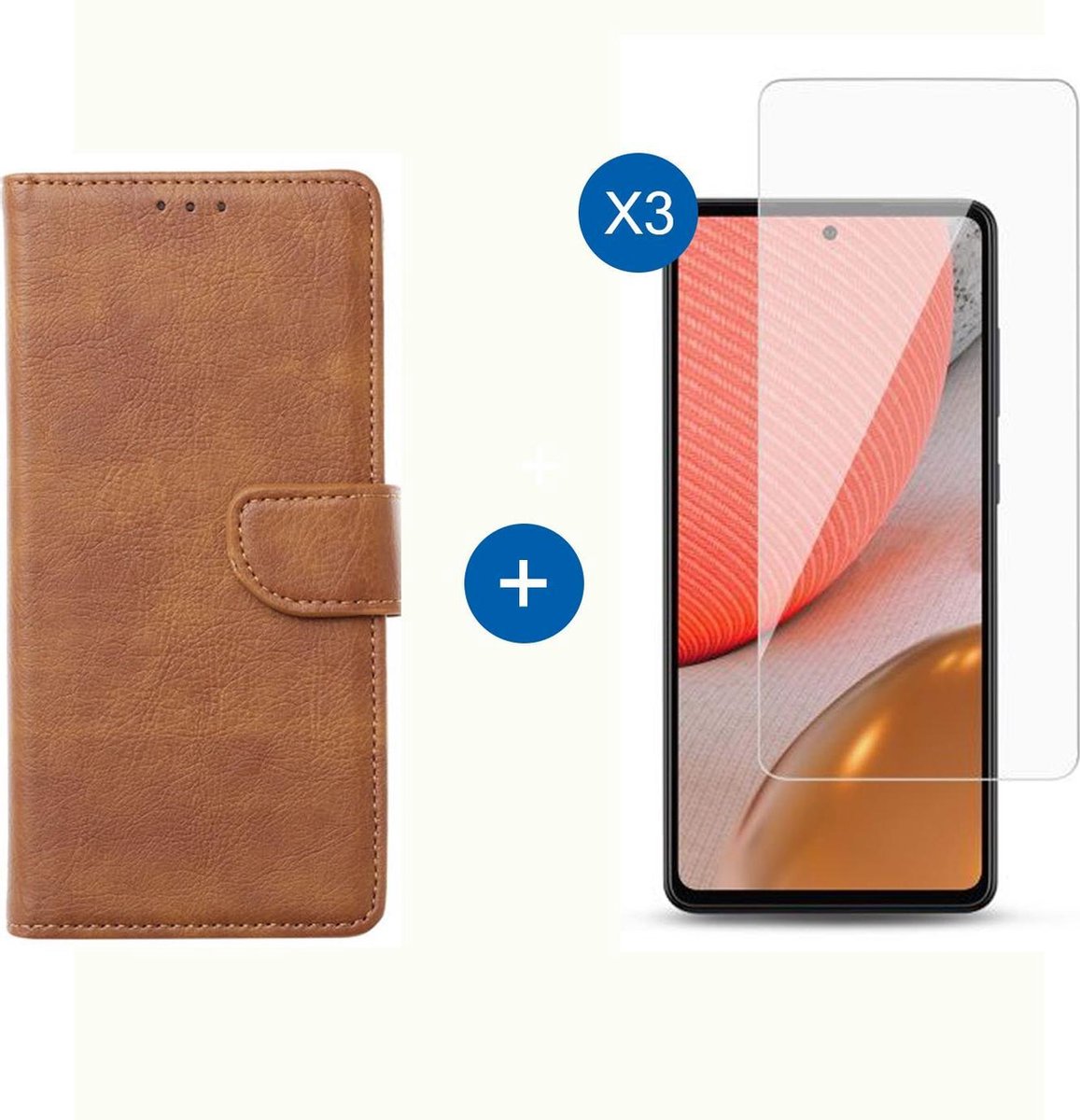 BixB Samsung A72 hoesje - Met 3x screenprotector / tempered glass - Book Case Wallet - Bruin