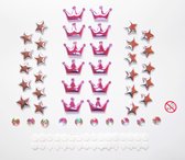 Funnylight Deco Parts decoratie set 3D kronen roze en zilveren sterren patches, diamanten en bevestigingsmateriaal