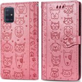 Voor Galaxy A51 5G mooie kat en hond reliëfpatroon horizontaal flip lederen tas, met houder & kaartsleuven & portemonnee & cartoon sluiting & lanyard (roze)