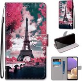 Voor Samsung Galaxy A32 5G Gekleurde Tekening Cross Textuur Horizontale Flip PU Lederen Case met Houder & Kaartsleuven & Portemonnee & Lanyard (Pink Flower Tower Bridge)
