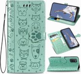 Voor OPPO A52 / A72 / A92 schattige kat en hond reliëf horizontale flip lederen tas met beugel / kaartsleuf / portemonnee / lanyard (groen)