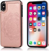 Dubbele gesp Mandala-patroon PU + TPU beschermhoes met kaartsleuven & houder & fotolijst voor iPhone XR (roségoud)