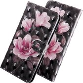 3D-gekleurde tekening patroon horizontale flip lederen hoes met houder & kaartsleuven & portemonnee & lanyard voor Huawei Honor 20 Lite (zwart-grond roze bloem)