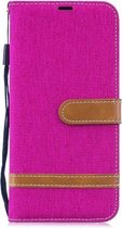 In kleur bijpassende denim textuur lederen hoes voor Xiaomi Redmi Note 6, met houder en kaartsleuven en portemonnee en lanyard (rozerood)