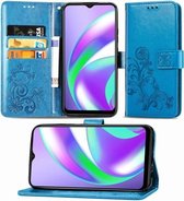 Voor OPPO Realme C12 vierbladige sluiting reliëf gesp mobiele telefoon bescherming lederen tas met lanyard & kaartsleuf & portemonnee & houder (blauw)