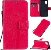 Voor Huawei P40 Lite / nova 6 SE Tree & Cat Pattern Pressed Printing Horizontale Flip PU lederen tas met houder & kaartsleuven & portemonnee & lanyard (Rose Red)