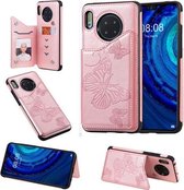 Voor Huawei Mate30 vlinder reliëfpatroon schokbestendig beschermhoes met houder & kaartsleuven & fotolijst (rose goud)