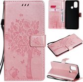 Voor OnePlus Nord N100 Tree & Cat Pattern Pressed Printing Horizontale Flip PU lederen hoes met houder & kaartsleuven & portemonnee & lanyard (roségoud)