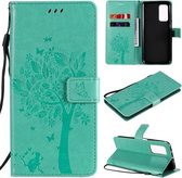 Voor Xiaomi Mi 10T / 10T Pro Tree & Cat Pattern Pressed Printing Horizontale flip PU lederen tas met houder & kaartsleuven & portemonnee & lanyard (groen)