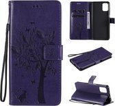 Voor Motorola Moto G9 Plus Tree & Cat Pattern Pressed Printing Horizontale Flip PU lederen tas met houder & kaartsleuven & portemonnee & lanyard (paars)