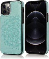 Dubbele gesp Mandala patroon PU + TPU beschermhoes met kaartsleuven & houder & fotolijst voor iPhone 12 Pro Max (groen)