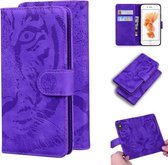 Voor iPhone 6s Plus / 6 Plus Tiger Embossing Pattern Horizontale Flip lederen tas met houder & kaartsleuven & portemonnee (paars)