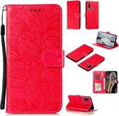 Voor Huawei Y6P Kant Bloem Embossing Patroon Horizontale Flip Leren Case, met Houder & Kaartsleuven & Portemonnee & Fotolijst & Lanyard (Rood)