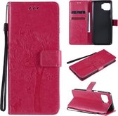 Voor Motorola Moto G 5G Tree & Cat Pattern Pressed Printing Horizontale Flip PU Leather Case met houder & kaartsleuven & portemonnee & Lanyard (Rose Red)