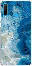 Voor Huawei P30 Lite reliëf gelakt marmer TPU beschermhoes met houder (lichtblauw)