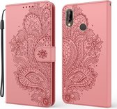 Voor Huawei P20 lite / Nova 3e Pauw Reliëfpatroon Horizontale Flip Leren Case met Houder & Kaartsleuven & Portemonnee & Lanyard (Roze)