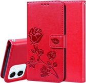 Rose reliëf horizontale flip PU lederen tas met houder en kaartsleuven en portemonnee voor iPhone 12 (rood)