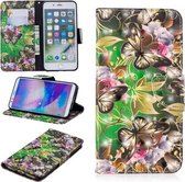 Horizontaal lederen flip-hoesje met 3D-kleurentekeningpatroon voor iPhone 7 Plus en 8 Plus, met houder en kaartsleuven en portemonnee (groene vlinder)