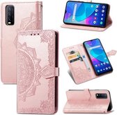 Voor vivo Y20 Mandala Bloem Reliëf Horizontale Flip Leren Case met Houder & Drie Kaartsleuven & Portemonnee & Lanyard (Rose Goud)