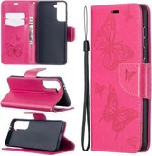 Voor Samsung Galaxy S21 5G Embossing Two Butterflies Pattern Horizontale Flip PU Leather Case met Houder & Card Slot & Wallet & Lanyard (Rose Red)