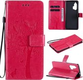 Voor Motorola Edge + Tree & Cat Pattern Pressed Printing Horizontale Flip PU lederen tas met houder & kaartsleuven & portemonnee & lanyard (Rose Red)