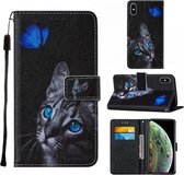 Voor iPhone X / XS Cross Texture Painting Pattern Horizontale Flip lederen hoes met houder & kaartsleuven & portemonnee & lanyard (Blue Butterfly Cats Eye)