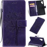 Tree & Cat Pattern Pressed Printing Horizontale Flip PU lederen tas met houder & kaartsleuven & portemonnee & lanyard voor Galaxy Note 10+ / 10 Pro (paars)