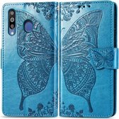 Butterfly Love Flowers Embossing Horizontale Flip Leather Case voor Galaxy M30 met houder & kaartsleuven & portemonnee & lanyard (blauw)