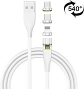 1 m 3A Max USB naar 8-pins + USB-C / Type-C + Micro USB 540 graden roterende magnetische oplaadkabel (wit)